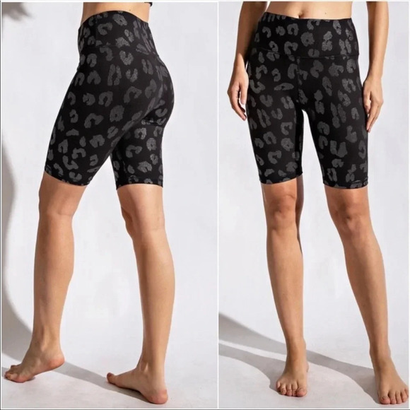 Black Silver Leopard Embossed Biker Shorts — High Waisted Compression Fit - Picture 3 of 3